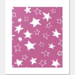 watercolor white stars over pink peony background Posters and Art